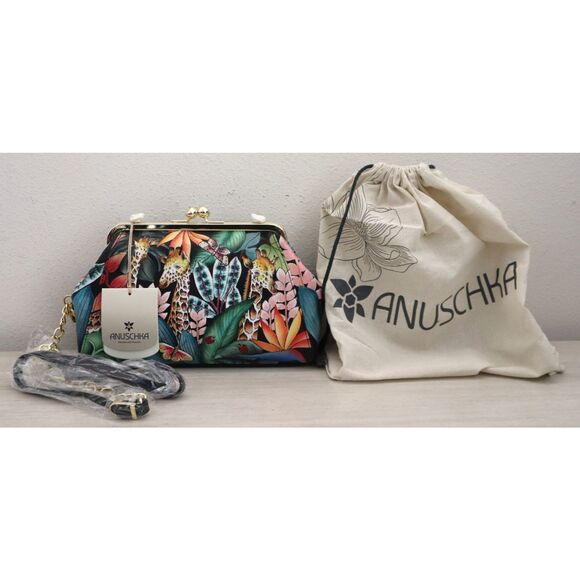 Anuschka Jungle Hand-Painted Leather Kiss Lock Clutch Crossbody Shoulder Bag - Picture 1 of 9